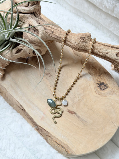 Labradorite + Moonstone Gold Snake Necklace
