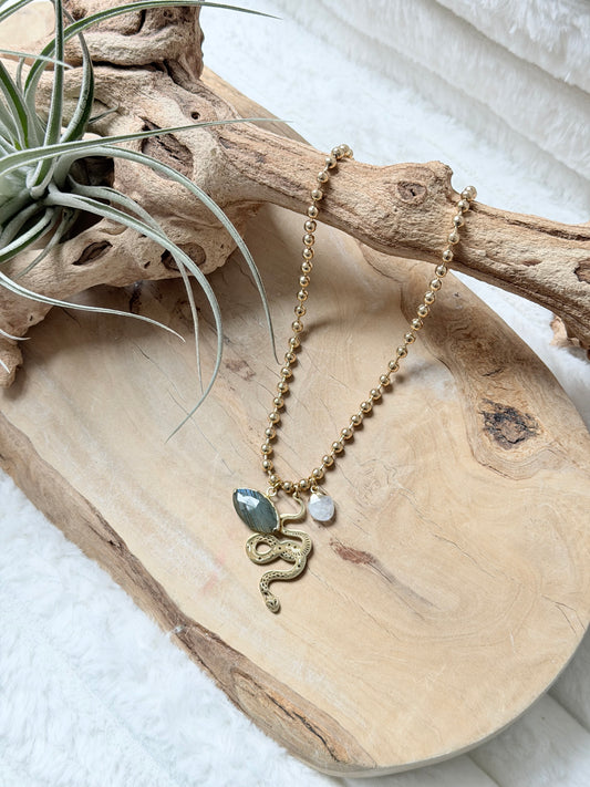 Labradorite + Moonstone Gold Snake Necklace