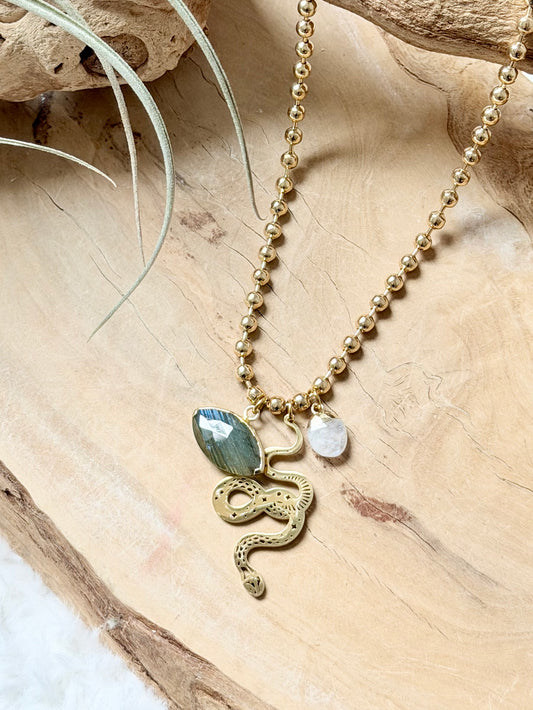 Labradorite + Moonstone Gold Snake Necklace