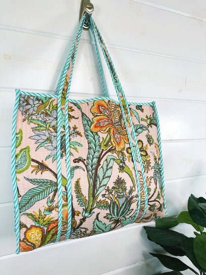 Peach Botanical Quilted Tote Bag | Botanical Tote Bag