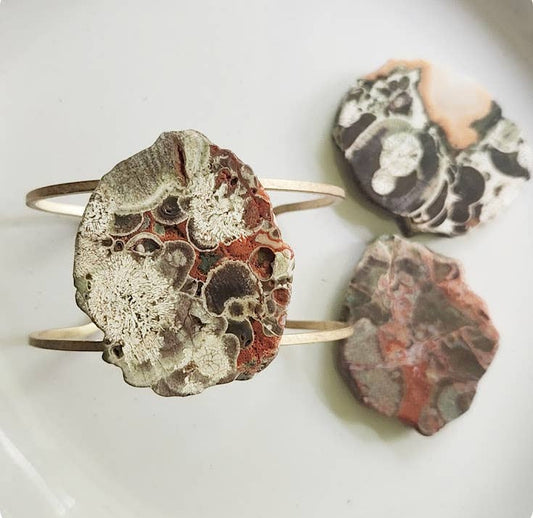 Earthy Neutral Mushroom Jasper and Adjustable Brass Cuff