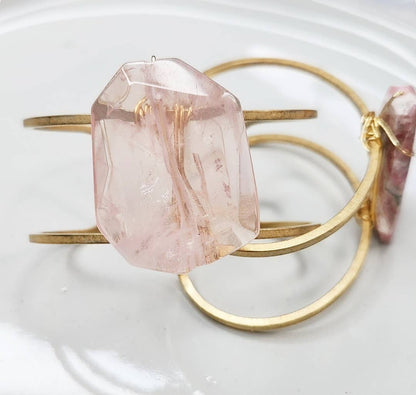 Madagascar Rose Quartz, Rhodochrosite & Brass Cuff Bracelets