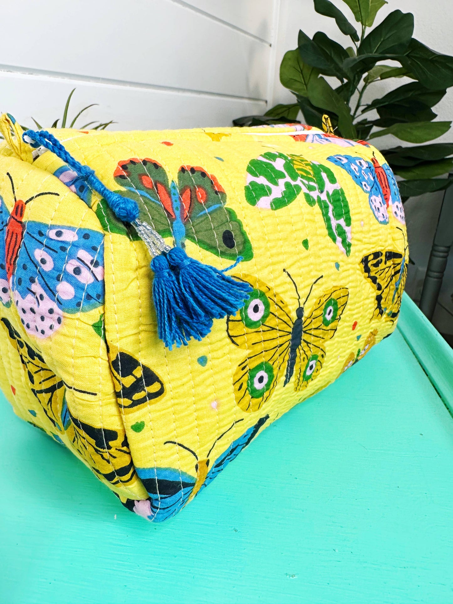 Yellow Butterfly Quilted Cosmetics Bag