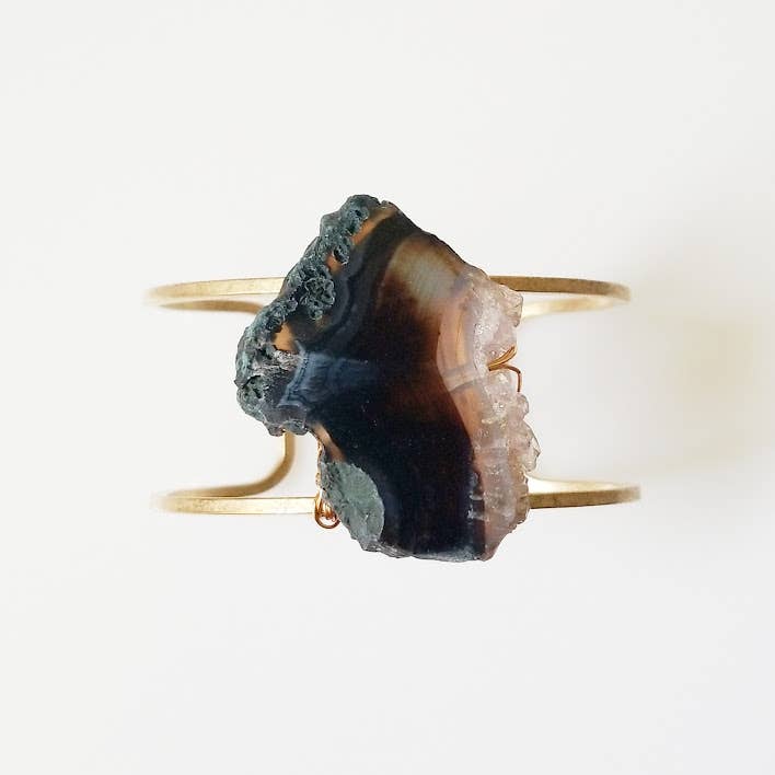 Wire Wrapped Amethyst Druzy and Brass Cuff Bracelet