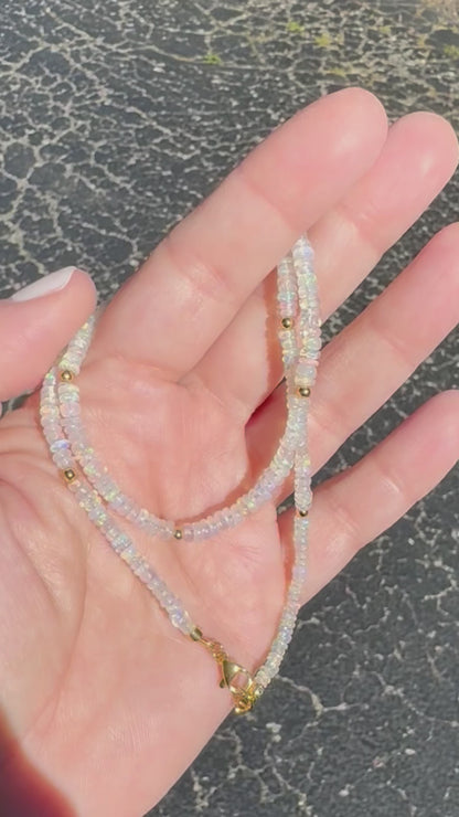 White Ethiopian Opal + Gold Beaded Necklace